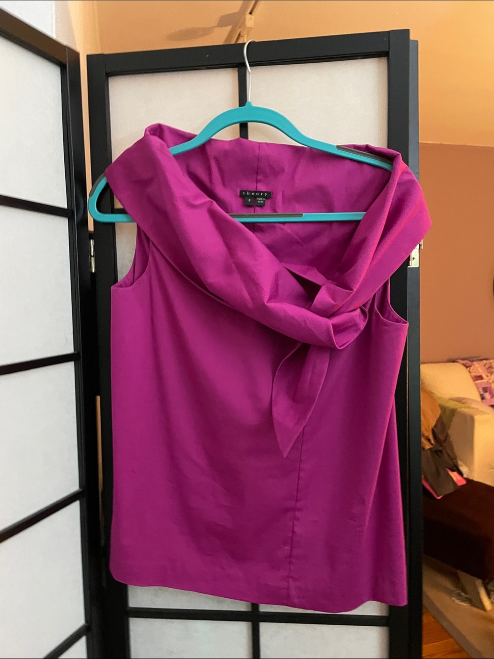 Theory Sleeveless Draped Neck Blouse in Magenta
